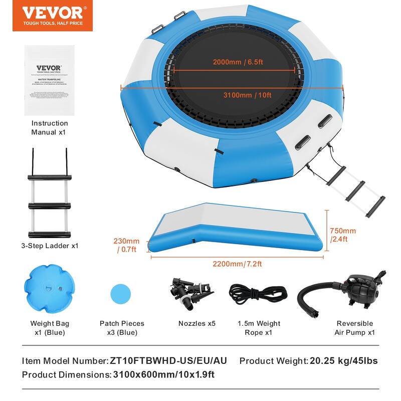 VEVOR Inflatable Water Bouncer Recreational Water Trampoline Portable Bounce Swim Platform with Slide for Pool Lake Water Sports