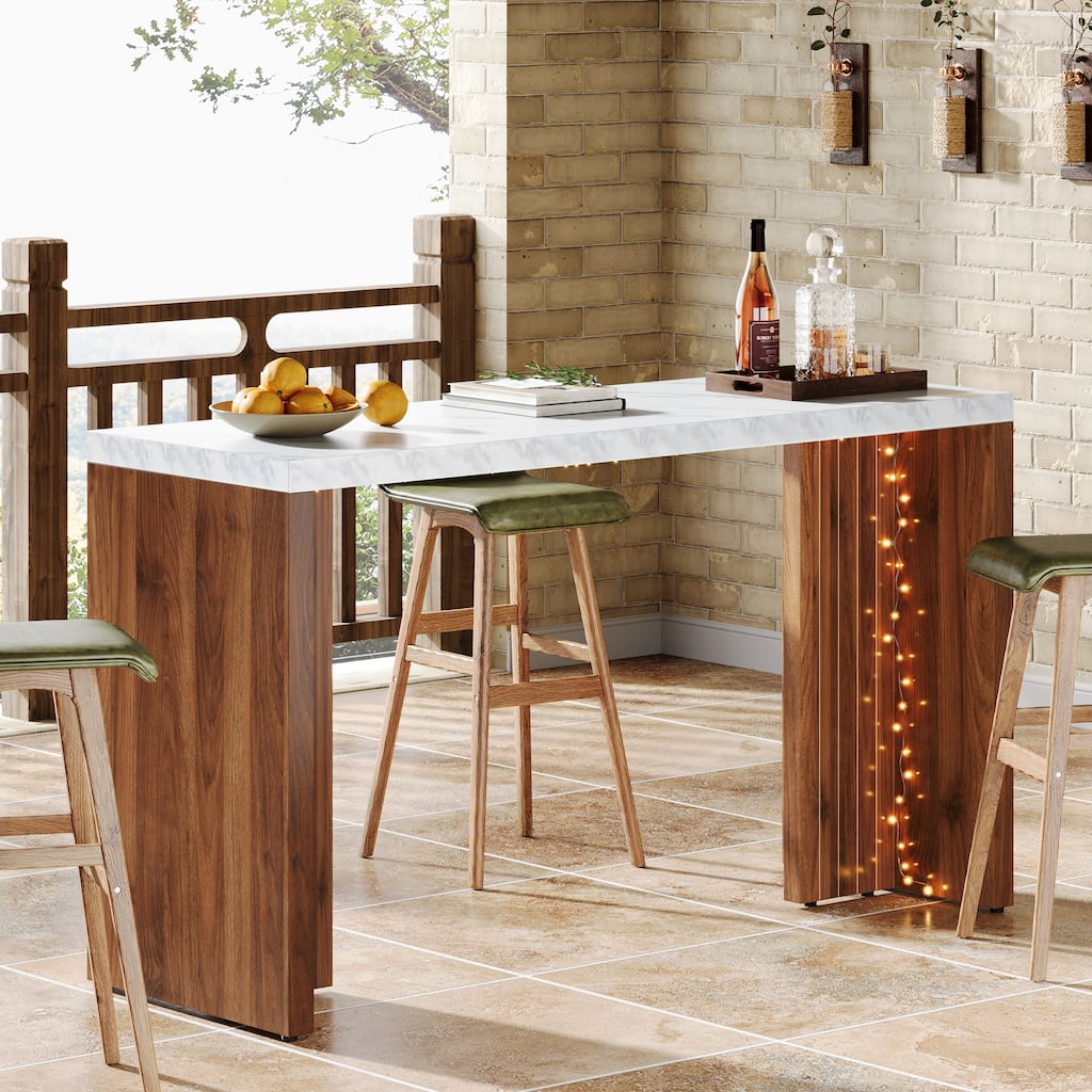 55'' Home Bar Unit, Bar Table with Faux Marble Finished Tabletop