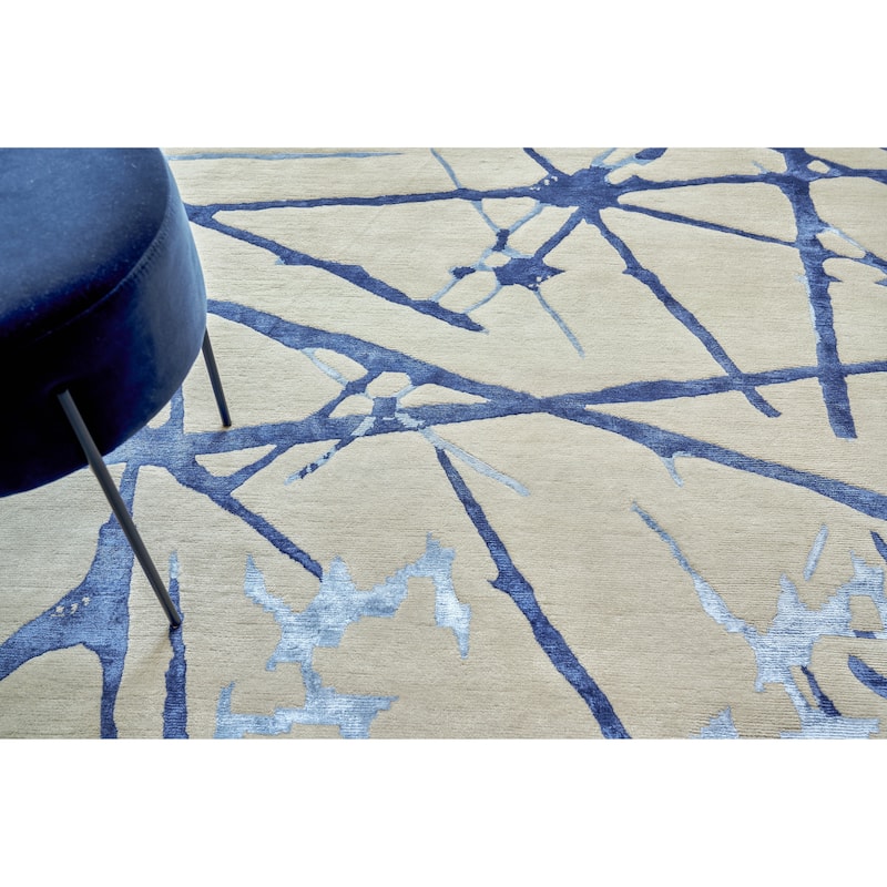 EXQUISITE RUGS Space Age Hand-knotted Wool/Bamboo Silk Grey/Royal Blue/Navy Area Rug.
