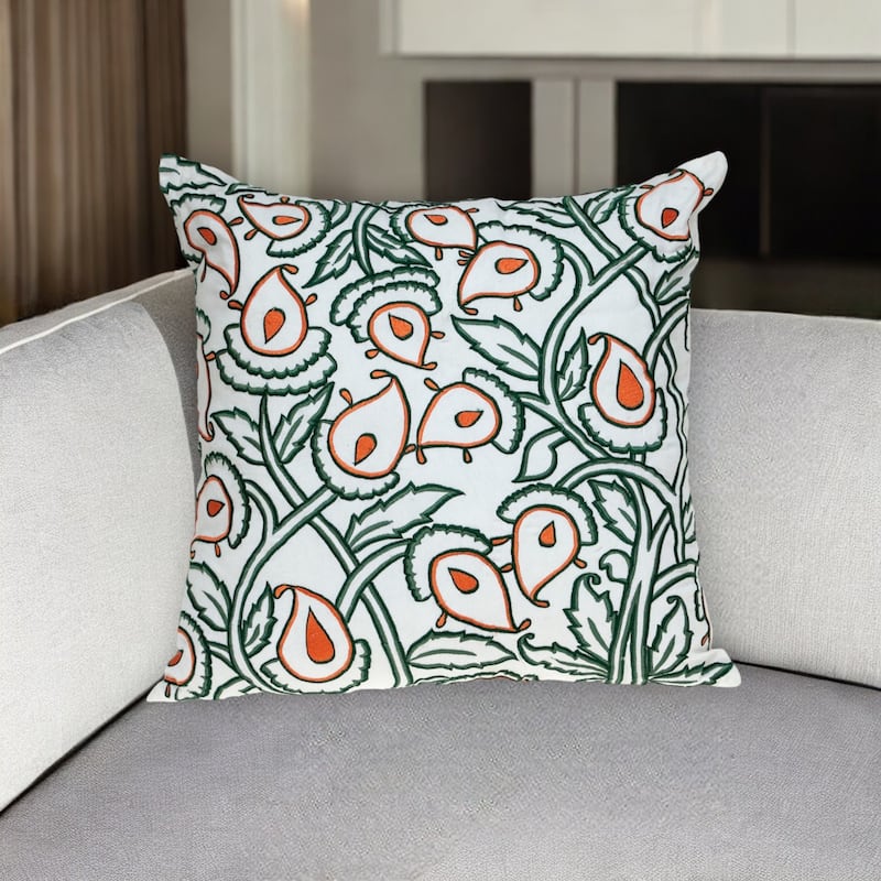 HomeRoots 22" Green and White Cotton Throw Pillow with Embroidery - Green and White
