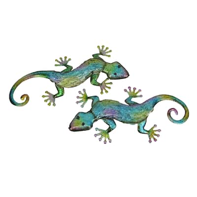 Multicolor Stamped Metal Gecko Lizard Wall Decor Sculptures (Set Of 2)