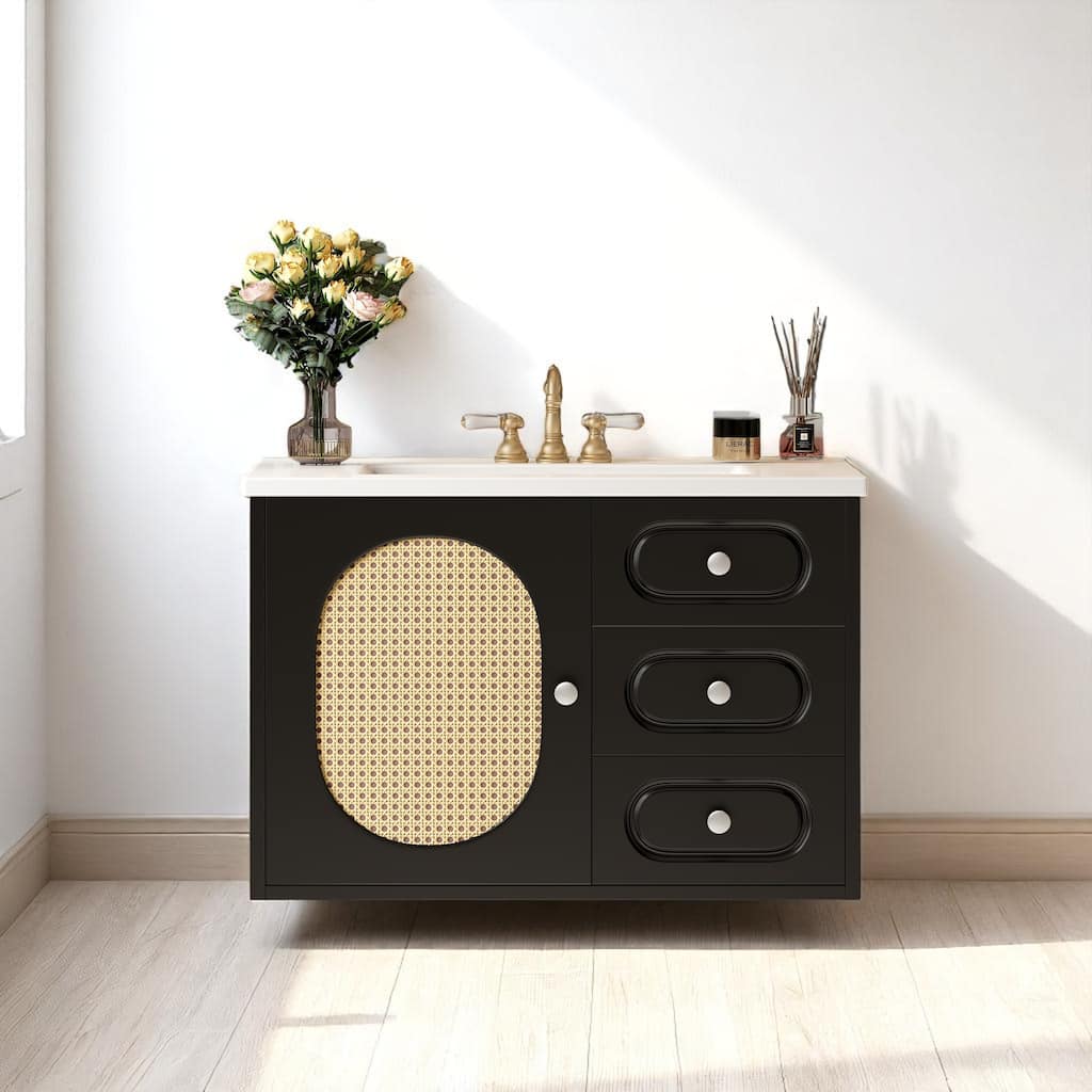 30 Inch Bathroom Vanity with Sink, Rattan Drawer Fronts, Ceramic Basin, Black MDF Cabinet, 2 Drawers