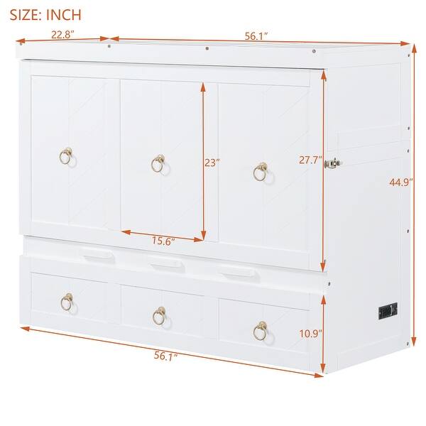 dimension image slide 0 of 2, Full Size Murphy Bed w/ USB Port & a Large Drawer, Folding Bed, White