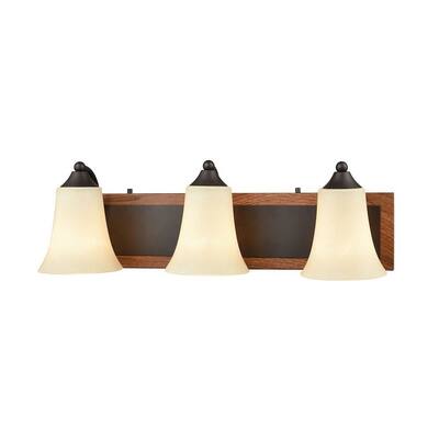 3 Down Light Vanity Light With Oil Rubbed Bronze/Wood Grain Finish With Light Beige Scavo Glass -