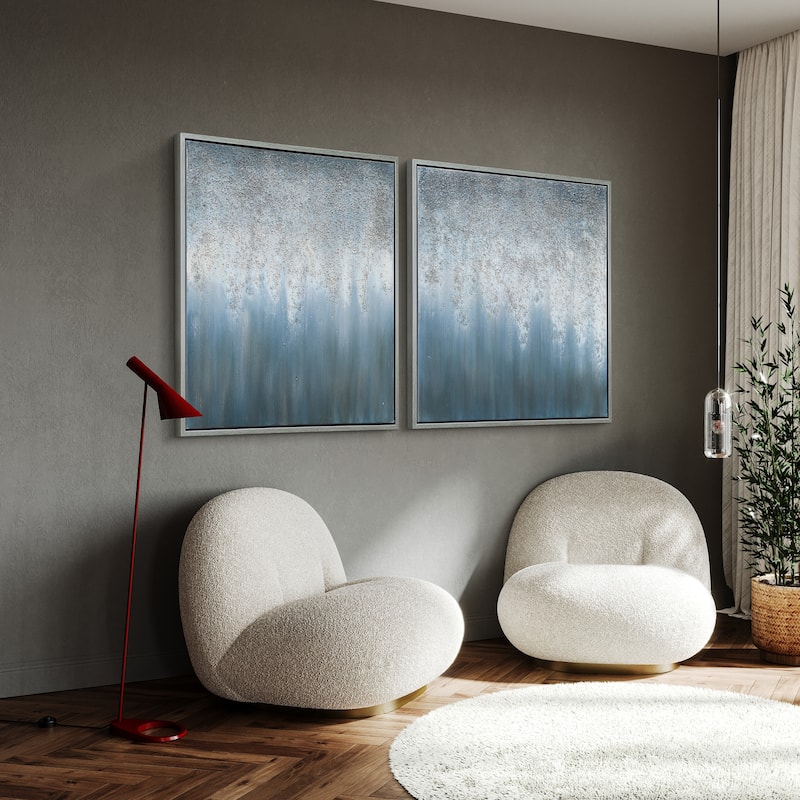 Blue Rain Textured Glitter Hand Painted Canvas Wall Art Set of 2