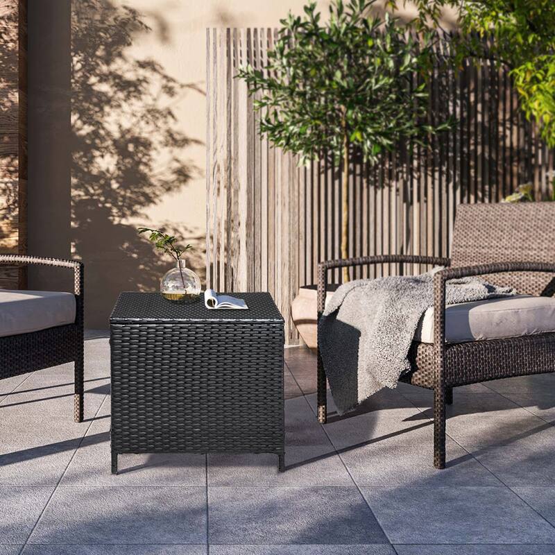 Outdoor PE Wicker Side Table with Storage Patio Rattan End Table Square Container for Toys Furniture - 20.9 x 20.9 x 19.7