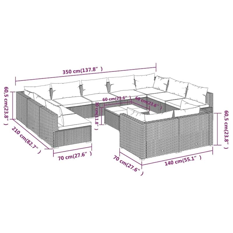 vidaXL Patio Lounge Set Outdoor Sectional Sofa Set Table Garden Poly Rattan - 27.6" x 27.6" x 23.8"