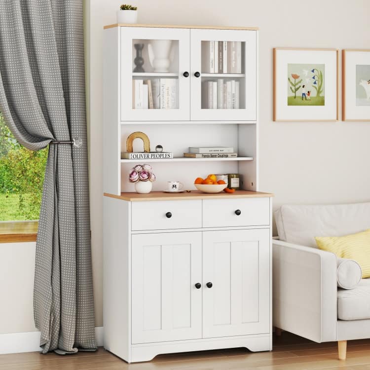 Pantry Cabinet with Glass Doors Adjustable Shelves and 2 Drawers for Kitchen Storage - 31.5" x 16.5" x 67"