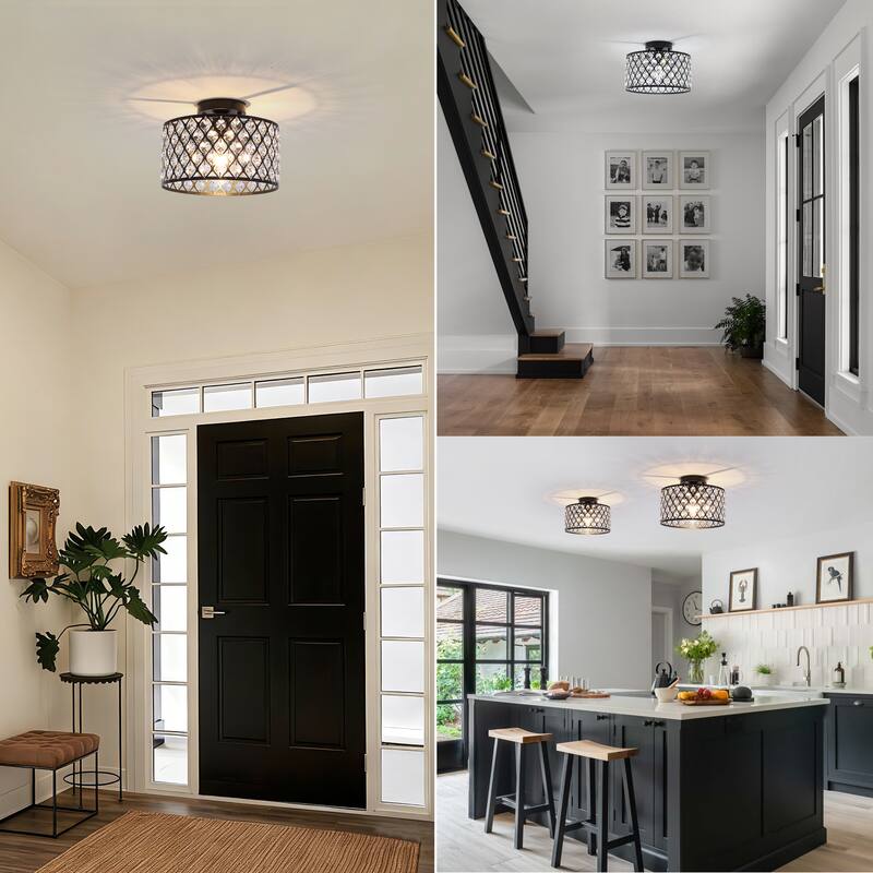 1-Light Modern Vintage Drum Crystal Semi-Flush Mount Ceiling Light