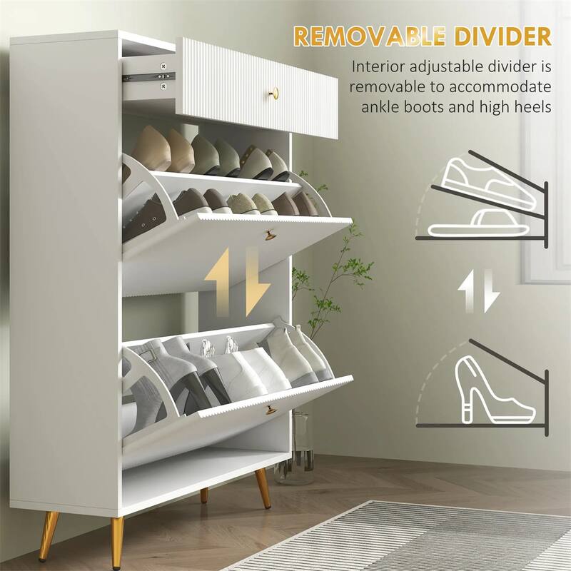 Modern Shoe Cabinet with Flip Storage Drawers and Gold Handles Adjustable Shelves for 12 Pairs - 31.5" W x 9.4" D x 40" H