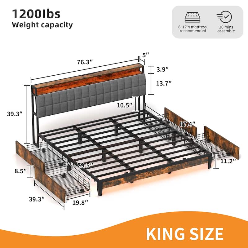 Upholstered Platform Bed with Charging Station and Storage Headboard - Brown-With LED - King