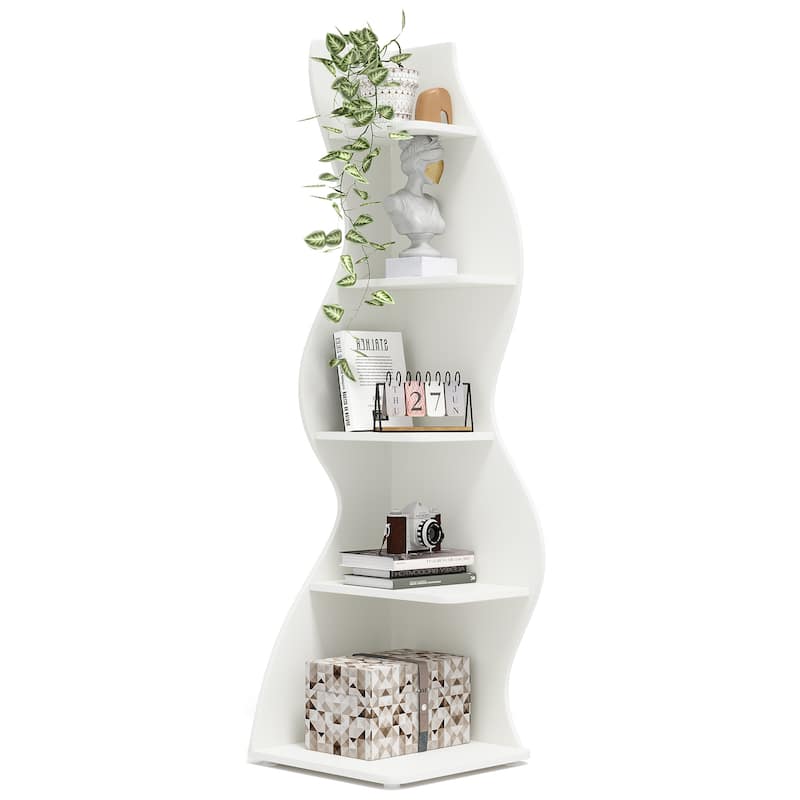 Modern Wood Corner Shelf, 5-Tier Bookshelf Bookcase for Living Room - 1PC - White