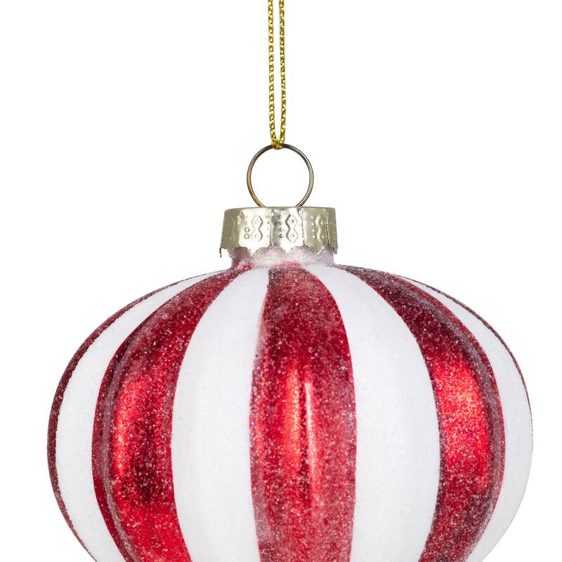 4Ct Red White Glittered Candy Cane Onion Glass Christmas Ornaments 3"