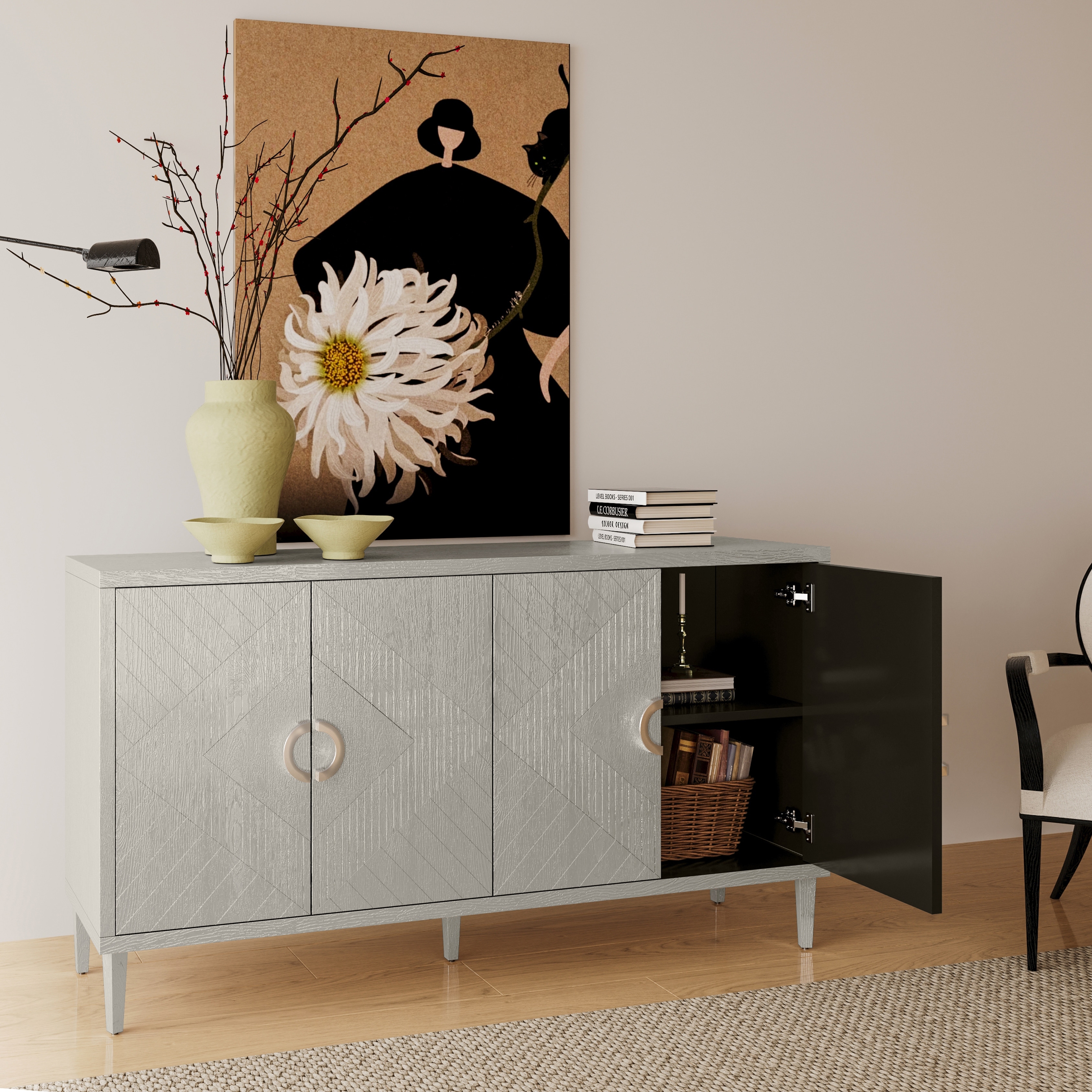 4-Door Storage Cabinet with Pine legs and MDF