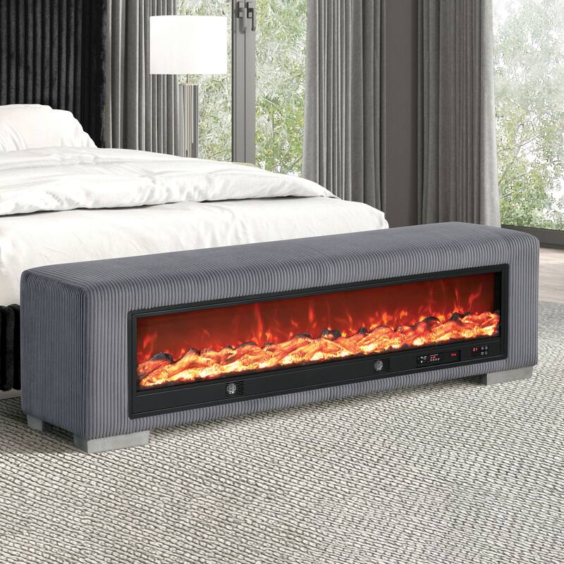 Furniture of America Goffney Chenille Bench with Fireplace Simulator and Bluetooth Audio - Grey