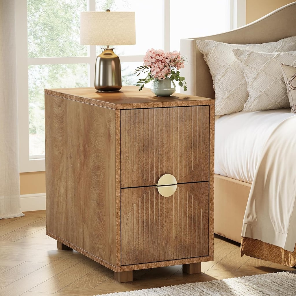 2-Drawer Mid Century Modern Nightstand with Gold Metal Handles, Narrow Slim Bed Side End Table for Bedroom, Living Room