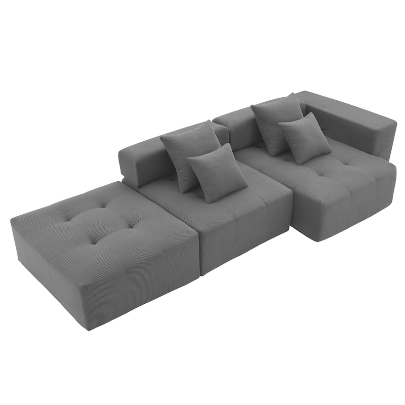 105.5'' Modular L-Shaped 3-Seater Sectional Sofa in Corduroy Upholstery with Tufted Design and 4 Pillows, No Assembly Needed