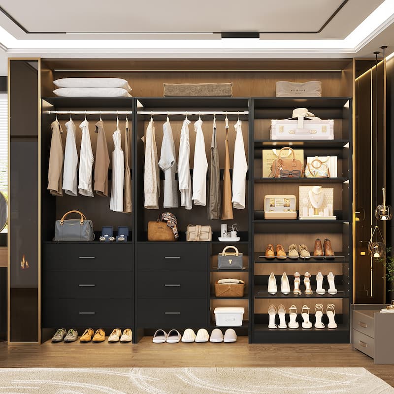 Set of 3 Closet System with Drawers and Shoe Rack, Freestanding Closet Organizer with Hanging Rods and Tower Shelves