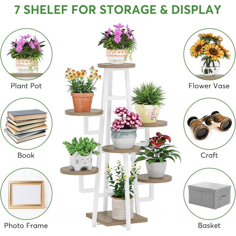 White-Brown Metal & Wood 7-Tier Plant Stand with Space-Saving Design - 11.02" x 9.84" x 43.30"