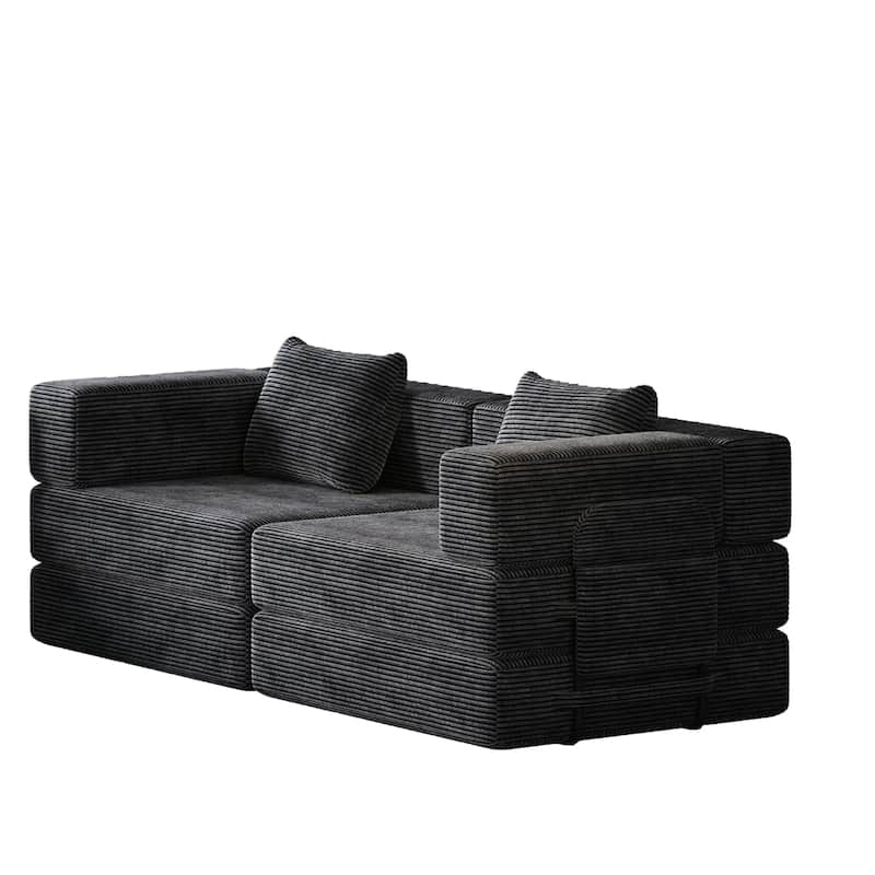 Folding Loveseat Sofa Convertible Sleeper Sofa Bed, Floor Standing Couch Bed Corduroy Floor Mats with Side Pockets and Pillows