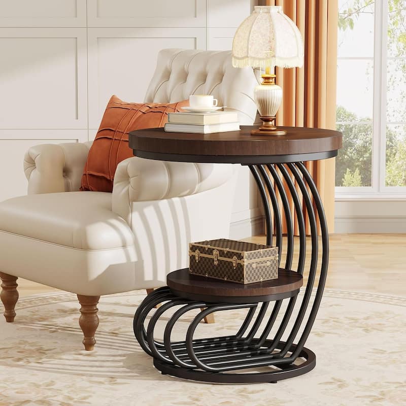 Round End Table, 2 Tiers Side Table for Living Room Bedroom - 1 pc - Brown