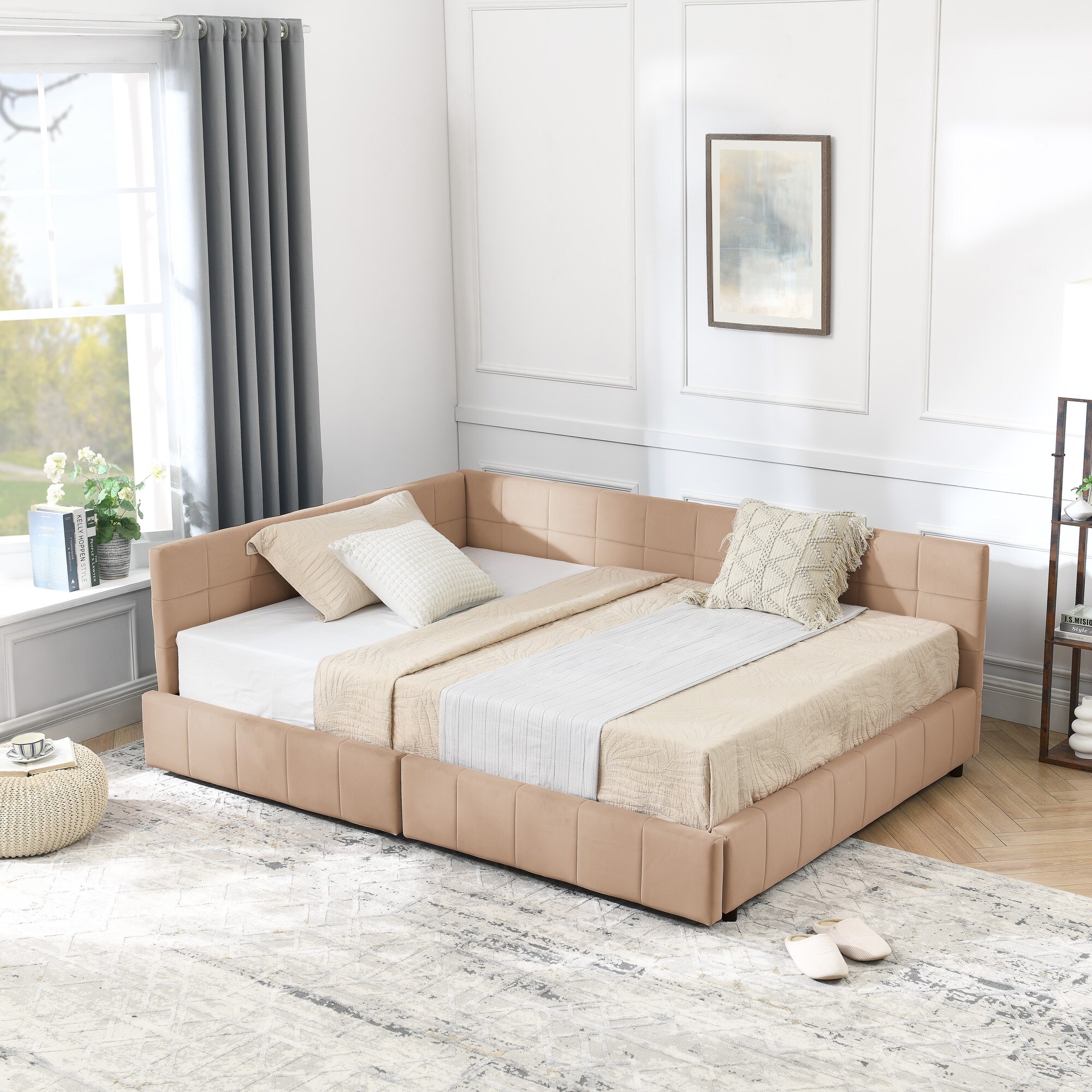 Full Size Upholstered Tufted Bed Frame, Storage Sofa Bed Frame, Velvet Fabric Daybed with 2 Drawers, No Box Spring Needed