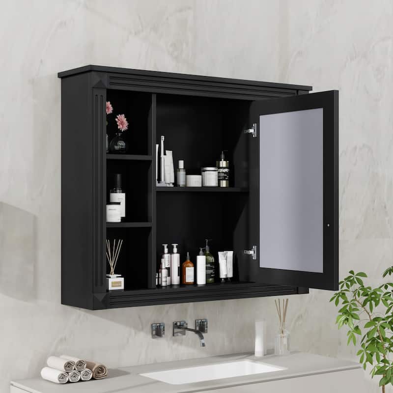 Roomfitters 35"x28" Wall Mounted Mirror Cabinet with 6 Open Shelves, Modern Bathroom Storage Organizer, Black