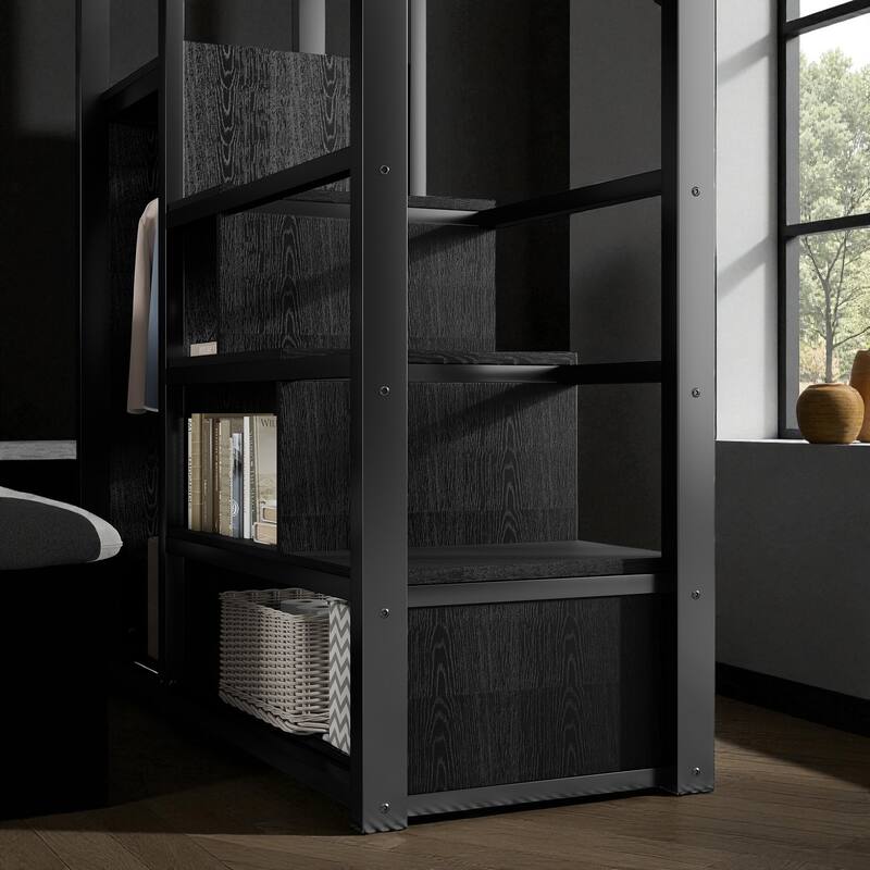 Full/Queen Size Metal Loft Bed with Stairs, Wardrobe, and Storage Shelves, High Loft Bed Frame for Kids and Teens