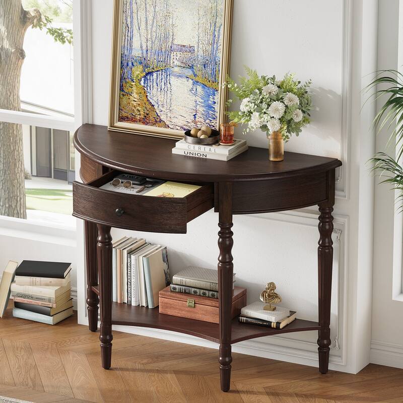 Farmhouse Half Moon Console Table with Drawer & Shelf - Rustic Accent Table - Espresso