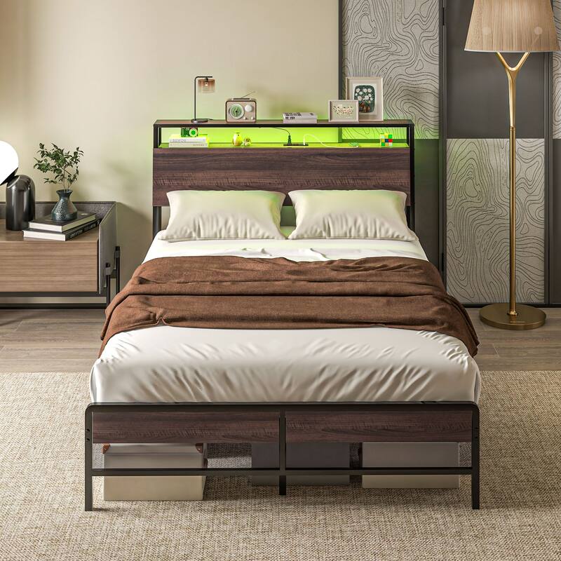 Walnut Platform Bed Frame with USB Charging and RGB LED Lights 3-Tier Storage and Noise-Reducing Mats