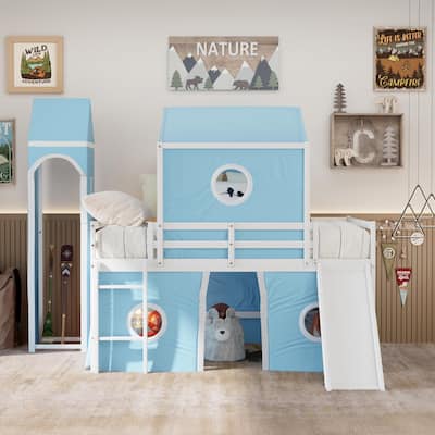 Kids Playhouse Loft Bed with Slide and Tower, Full Size Canopy Bed with Underbed Tent and Round Windows for Boys Girls