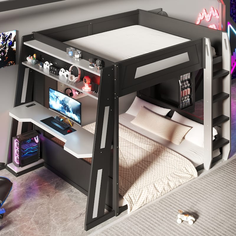Queen Size Gaming Bunk Bed Gaming Loft Bed with Built-In Gaming Station Cable Management for Gamer Gaming Hotel Gaming Suite