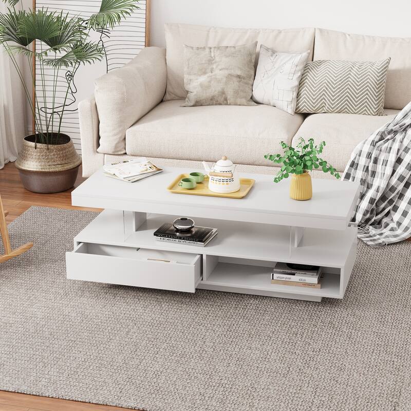 LED Storage Coffee Table with 2 Drawers and Shelves - White