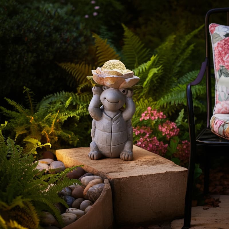 Magnesia Garden Statuary Turtle with Flower and Globe Light - 15" Gray
