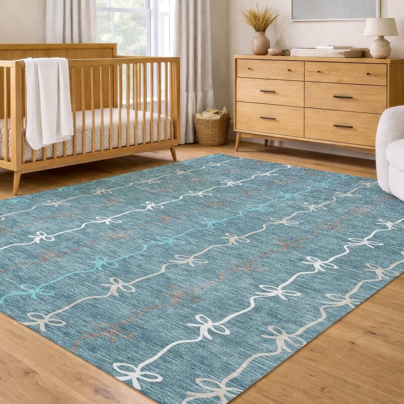 Machine Washable Indoor/ Outdoor Modern Bow Stripe Chantille Rug