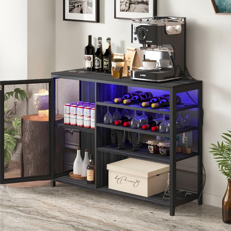 Modern Bar Sideboard Buffet Storage Cabinet with LED Lights and USB Socket, Black Wine Bar Cabinet - 43.31In*13.78in*32.87in