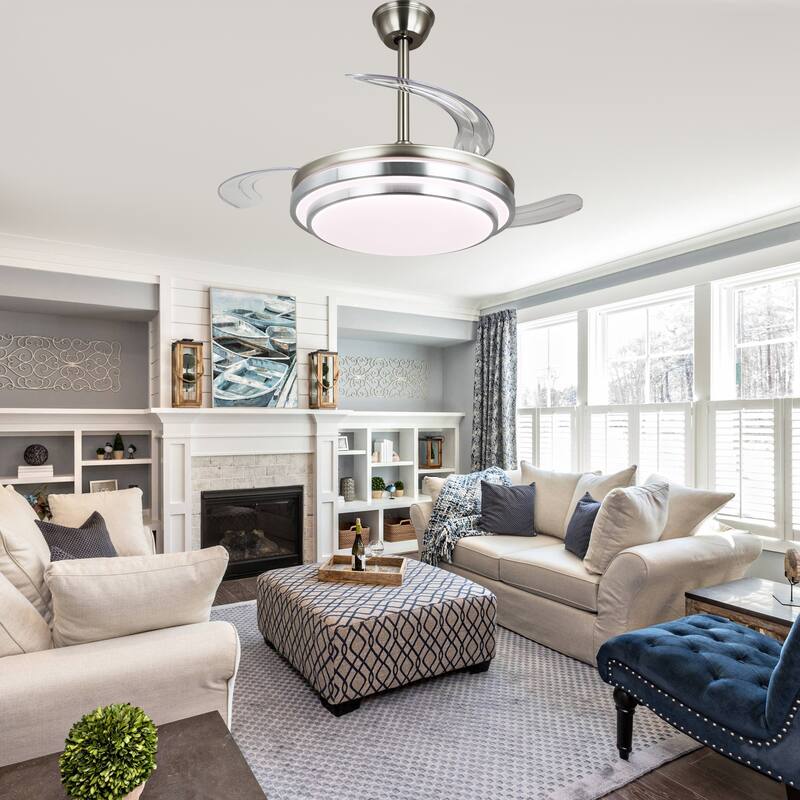 Cusp Barn 42 Inch Retractable Ceiling Fan with Lights, Modern Silent DC Motor 6 Speeds Chandelier Ceiling Fan for Bedroom