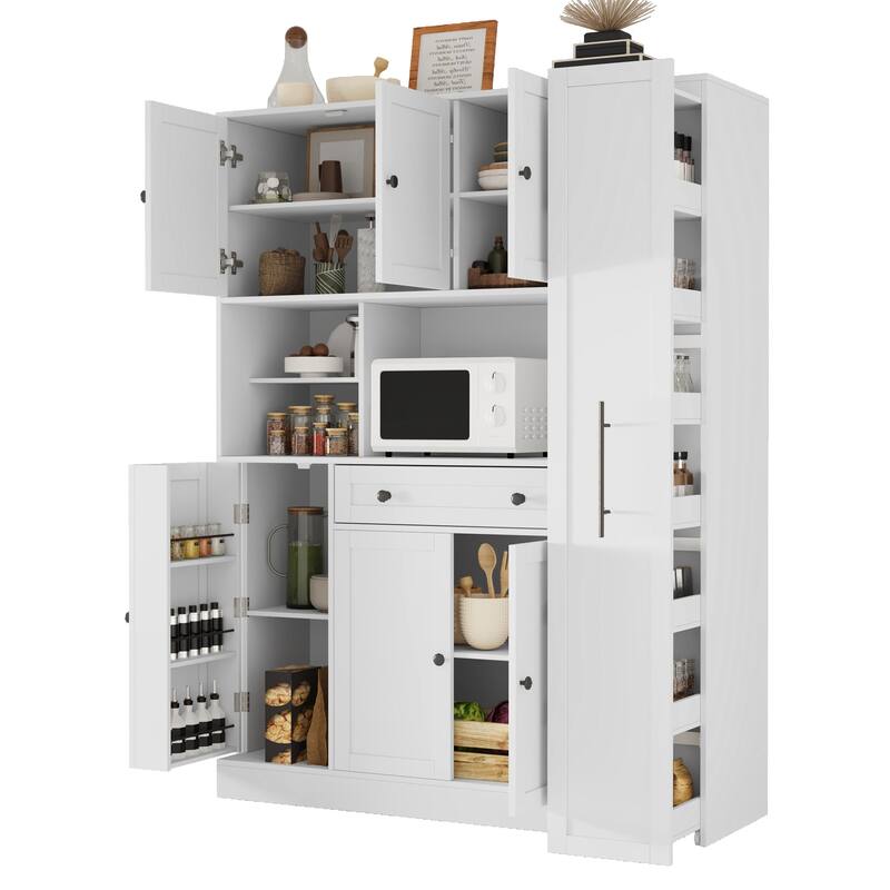 Roomfitters Large Kitchen Pantry Cabinet with Pull-Out Side Storage and Hutch, Shaker Style Buffet