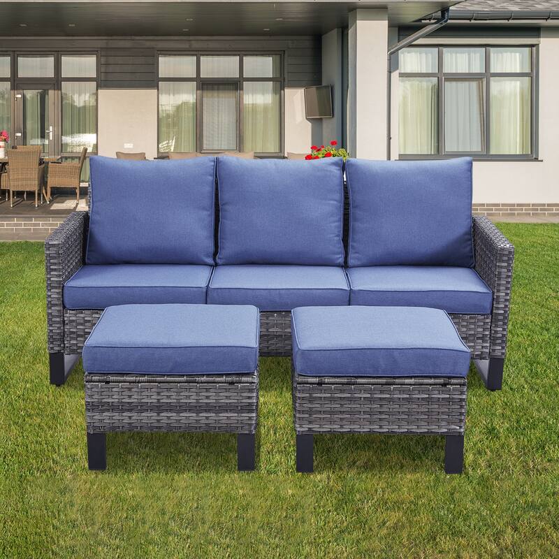Gymojoy Outdoor Patio Wicker Sectional Sofa Set with Ottomans and Cushions - Blue