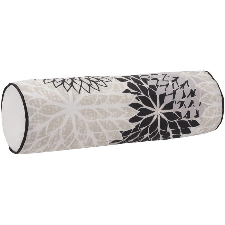 6" X 20" Black Gray and White Bolster Floral Indoor Outdoor Throw Pillow - 6" x 20"