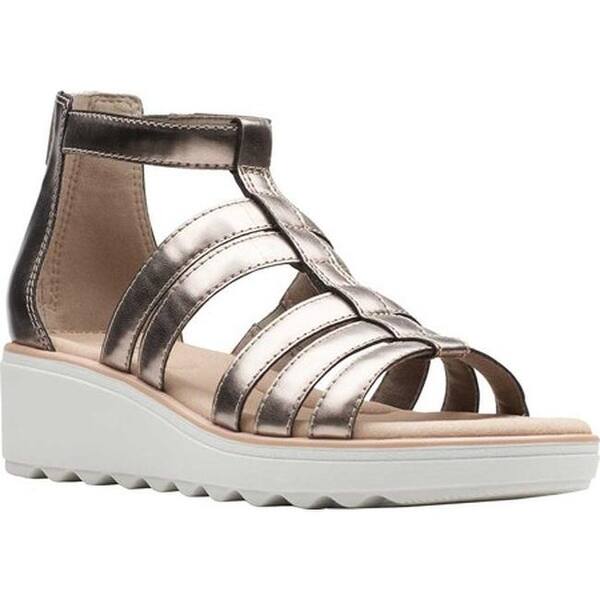 Clarks Women S Jillian Nina Wedge Gladiator Sandal Pewter Metallic Leather Overstock 30861255