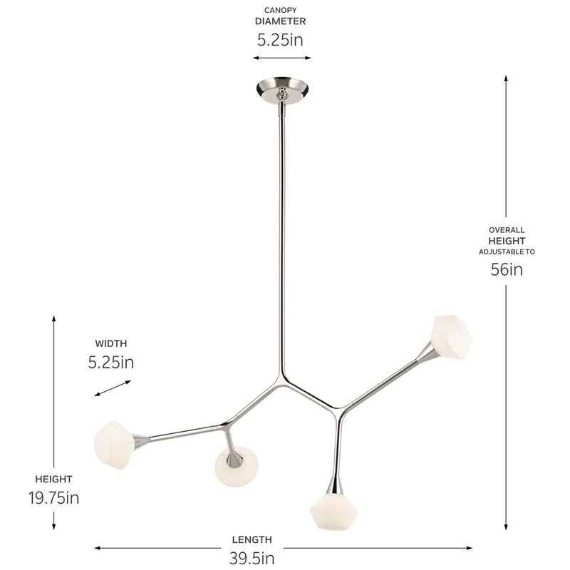 Cassius 39.5 Inch 4 Light Convertible Chandelier with Opal Glass in Polished Nickel
