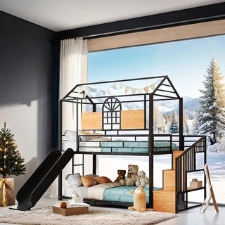 Contemporary Twin Over Twin Metal Bunk Bed, Housebed with Slide and Storage Stair, Maximized Space, Black with Black Slide