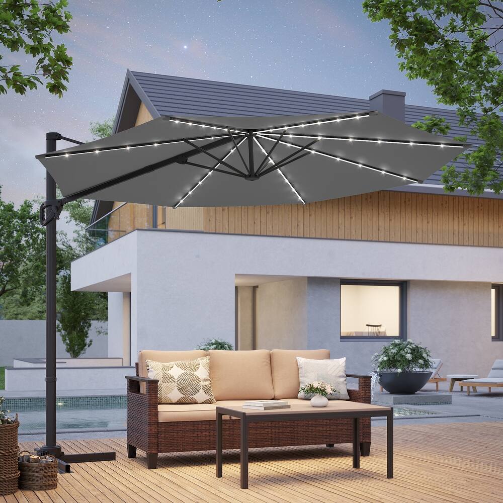 BONOSUKI Solar-powered 10FT Cantilever Patio Umbrella, Ultimate Outdoor Comfort with 360° Rotation and Canopy Angle Adjustment