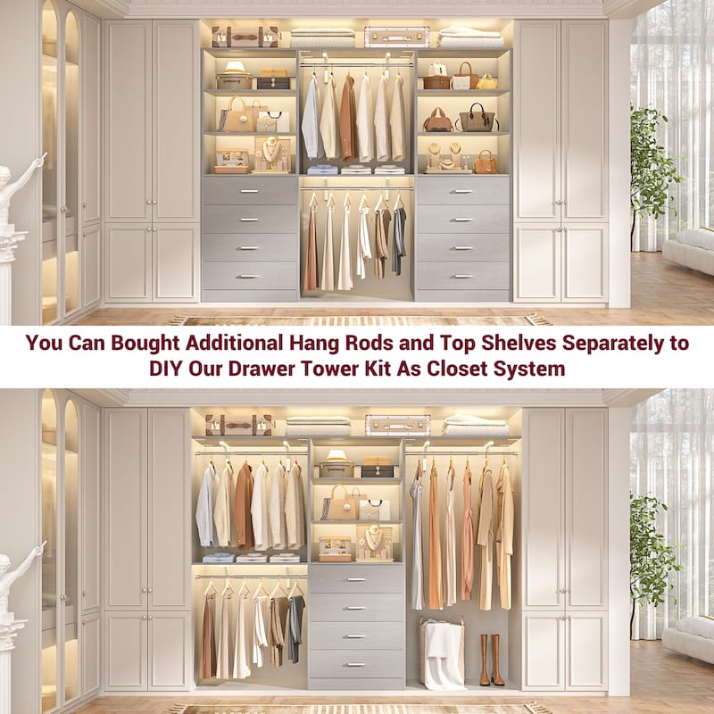 Freestanding Closet Organizer with 4 Drawers and 4 Shelves, Wooden Closet System for Walk-in Closet