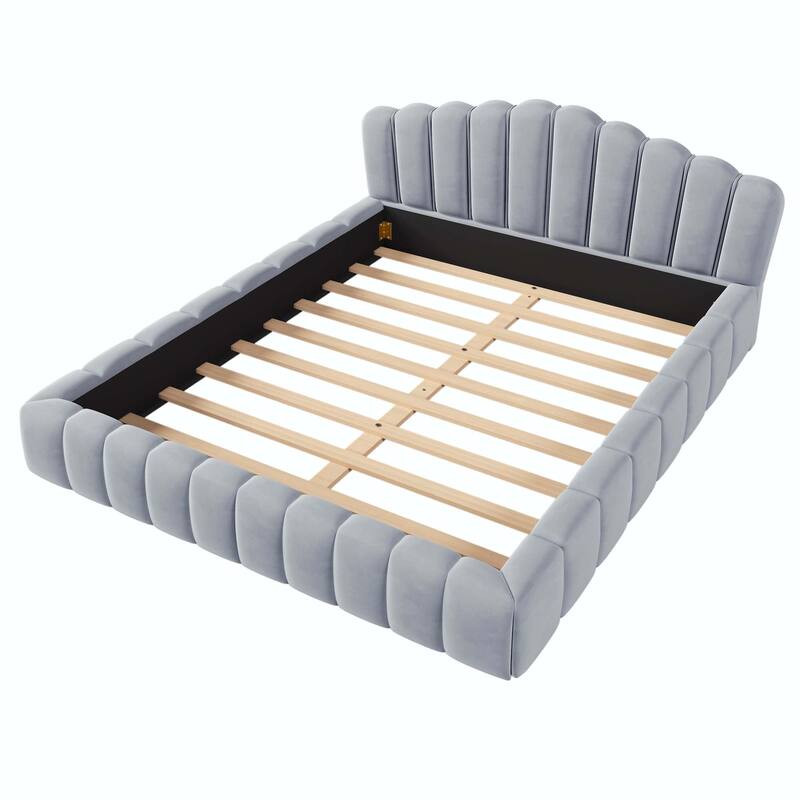 Velvet Upholstered Queen Bed Frame Shell-Shaped Headboard for Bedroom