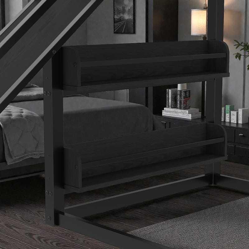 Kids Metal Loft Bed with Slide, Basketball Hoop, Climbing Wall, Pull-Up Rings and Bookshelves