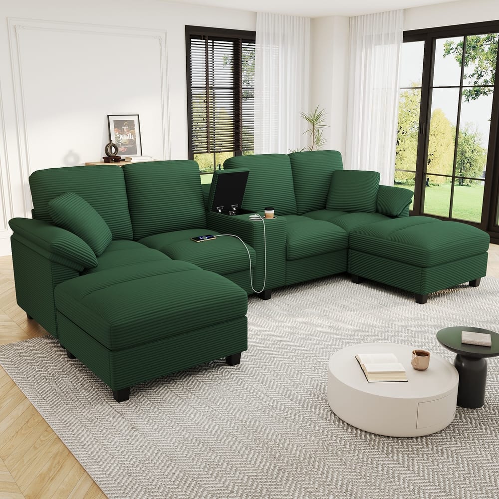 Roomfitters U-Shaped Sectional Sofa 116.9" Corduroy Upholstered Couch with Storage Ottomans, Cup Holders and USB Ports