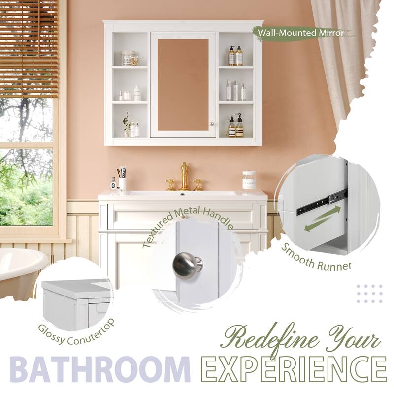 Roomfitters 36 Inch Bathroom Vanity with Sink and Mirror, Storage Cabinet with Drawers and Open Shelves