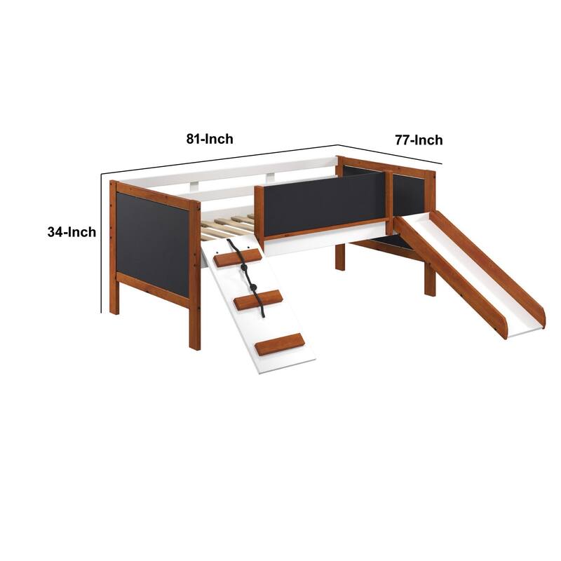 Classic Wood Twin Loft Bed with Slide, Blackboard on Rails, Brown, White